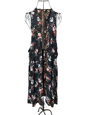 Sleeveless Black Floral Skull Gothic Duster Vest Halloween
